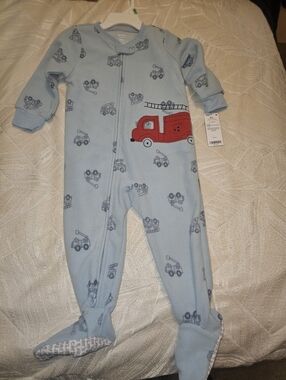 Carter's Light Blue Footed One-Piece with Red Fire Truck